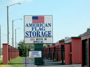 Exterior view of signage and gate at American Flag Storage Hope Mills.